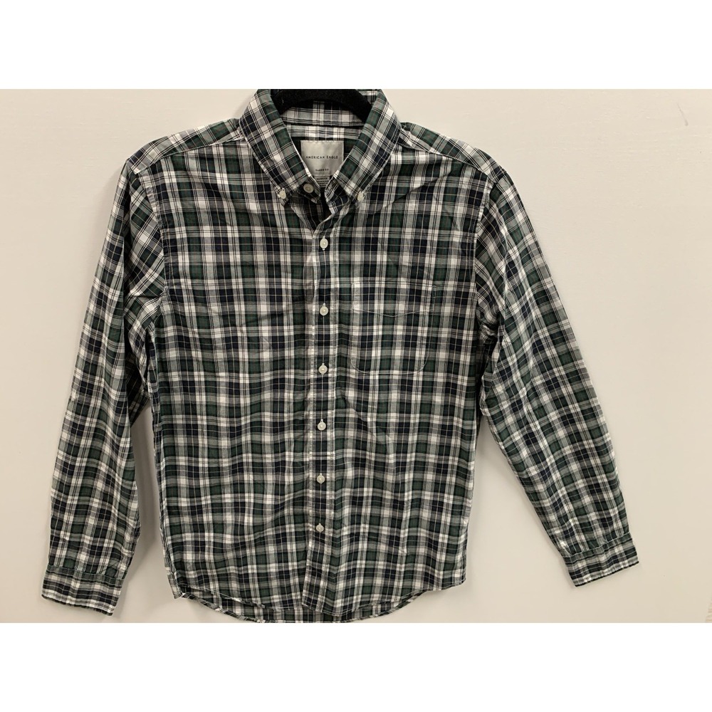 American Eagle Outfitters Shirt Men's XS Button Down Plaid Green White L/S‎